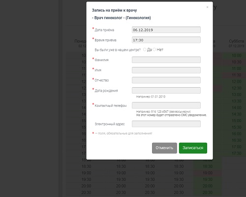 Окно ввода данных для записи через интернет